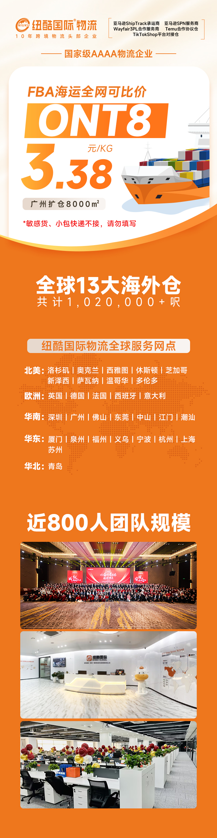 紐酷國際廣州新倉增至8000m2活動：ONT8  3.38元/KG